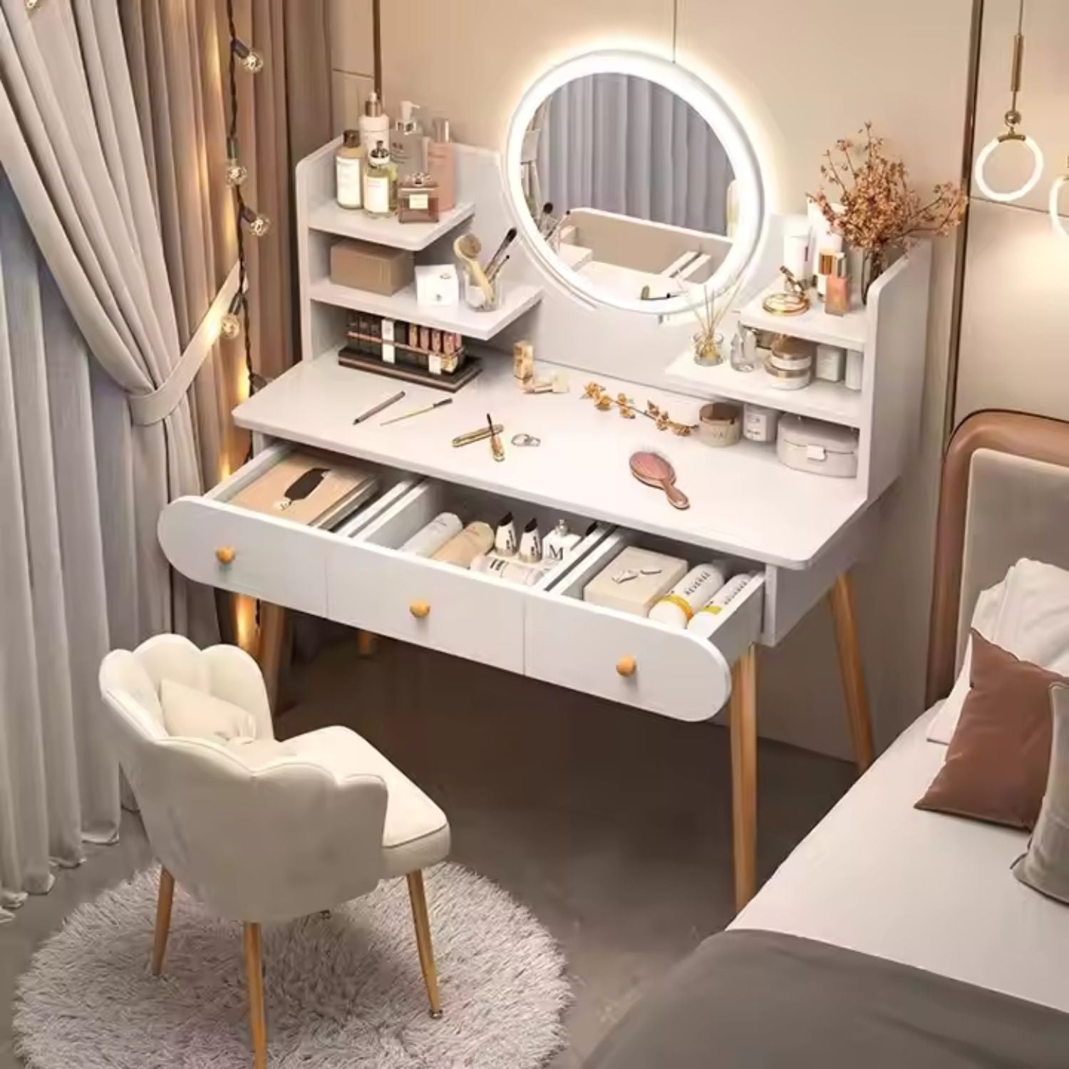 Masa toaletă cu oglindă LED tactilă, cu rafturi și sertare – MDF + lemn masiv, alb/gri, 100x120x40 cm