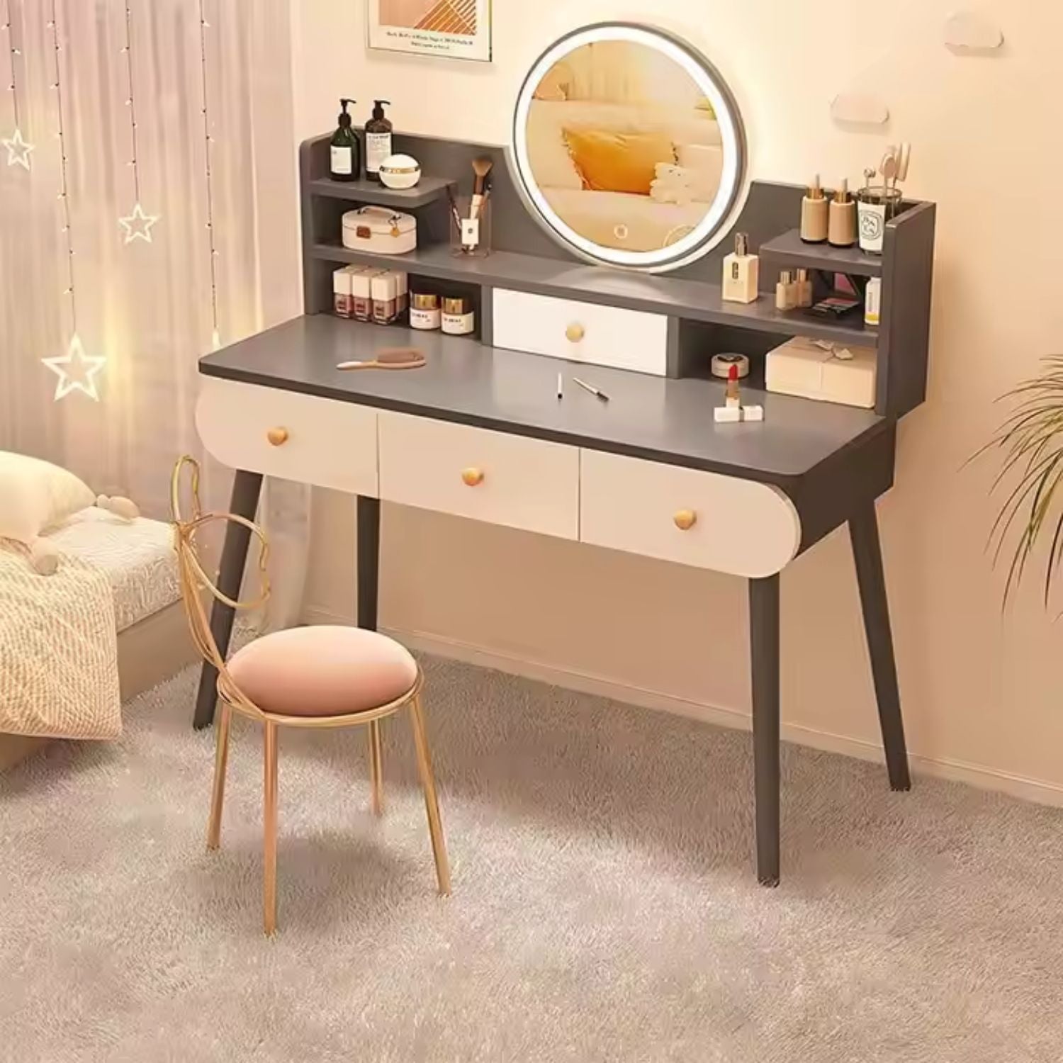 RESIGILAT - Masa toaletă cu oglindă LED tactilă, cu rafturi și sertare – MDF + lemn masiv, alb/gri, 100x120x40 cm