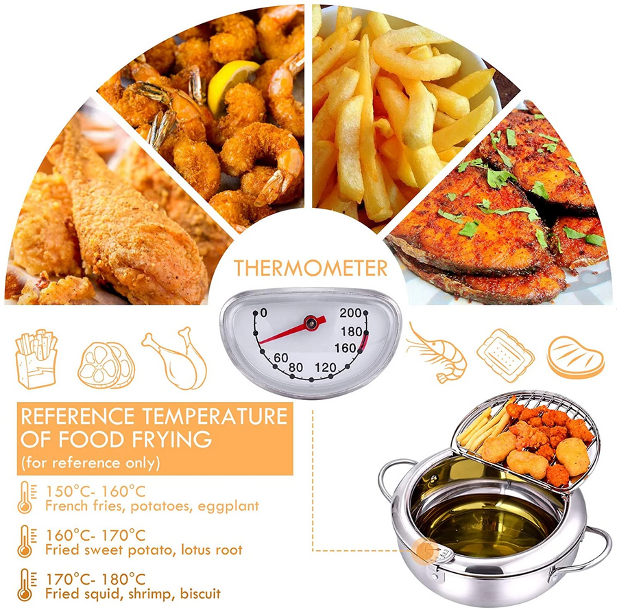 Friteuza in stil japonez din oțel inoxidabil cu termometru pe capac, 24 cm