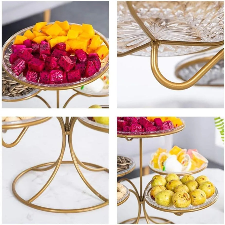 Etajera Eleganta din Sticla cu 5 Tavi pe Suport Auriu – Perfecta pentru Candy Bar, Petreceri sau Evenimente