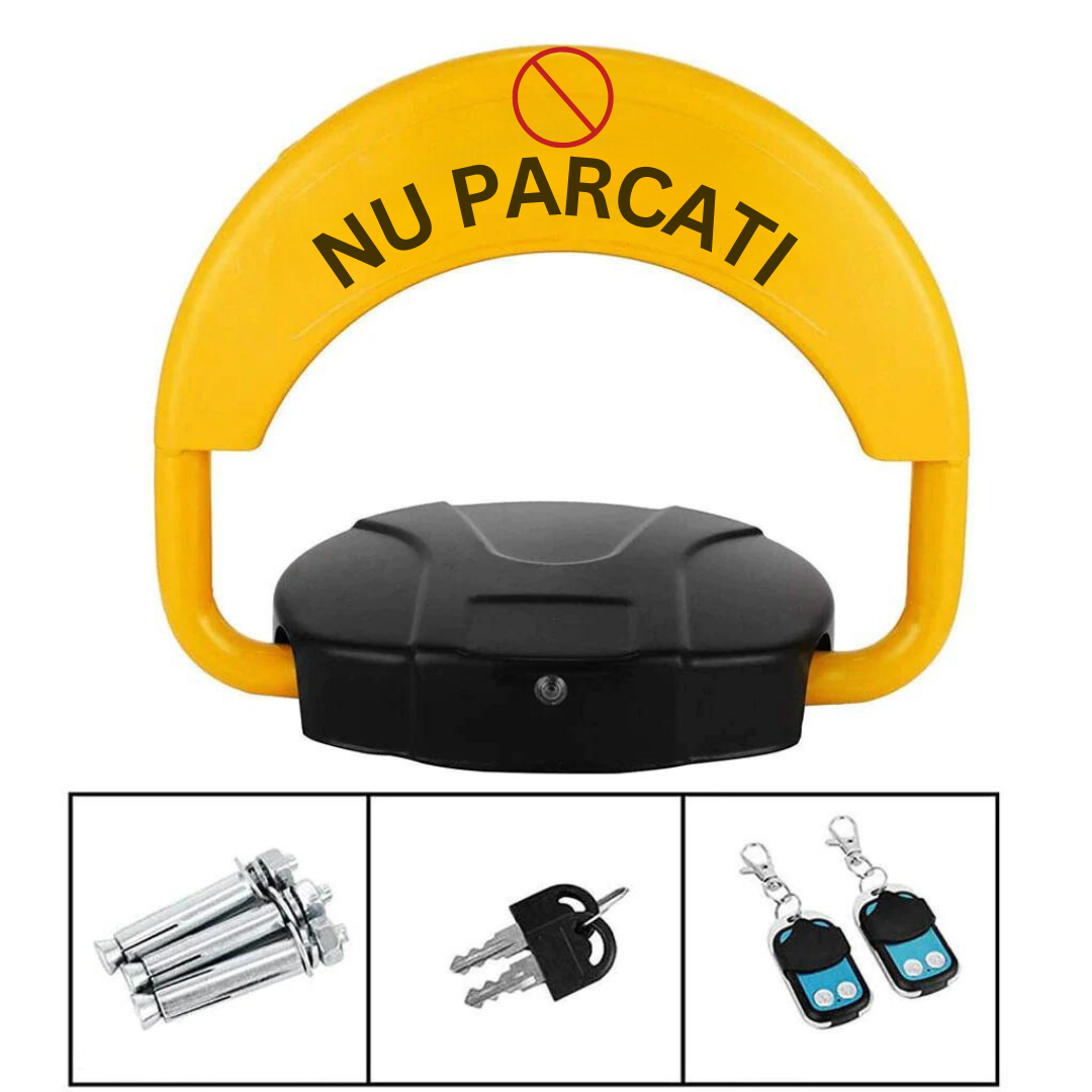 RESIGILAT Blocator loc parcare automat, cu 2 telecomenzi si alarma, suporta 2 tone, Galben/Negru, rezistent intemperii