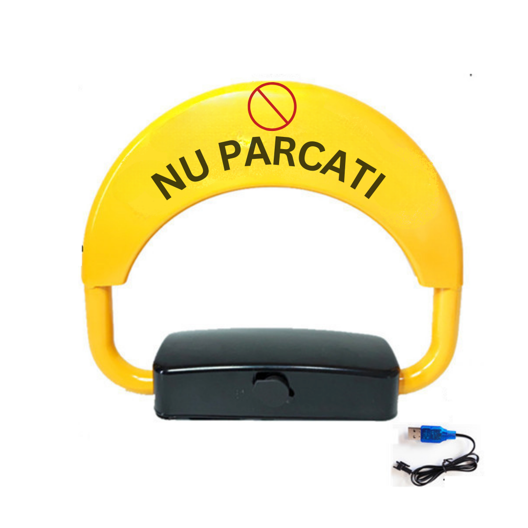 RESIGILAT Blocator loc parcare automat, cu 2 telecomenzi si alarma, suporta 2 tone, Galben/Negru, rezistent intemperii