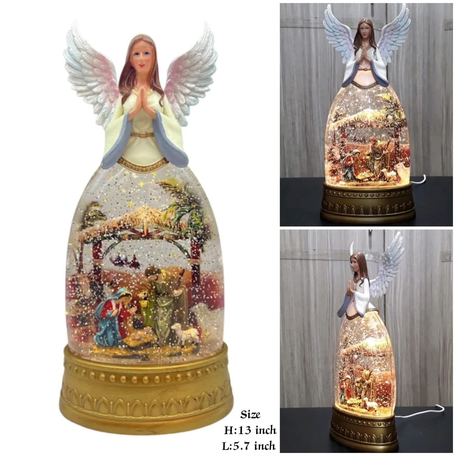 Glob decorativ Craciun cu inger si scena Nasterii Domnului, apa, lumina si muzica, 15x33 cm