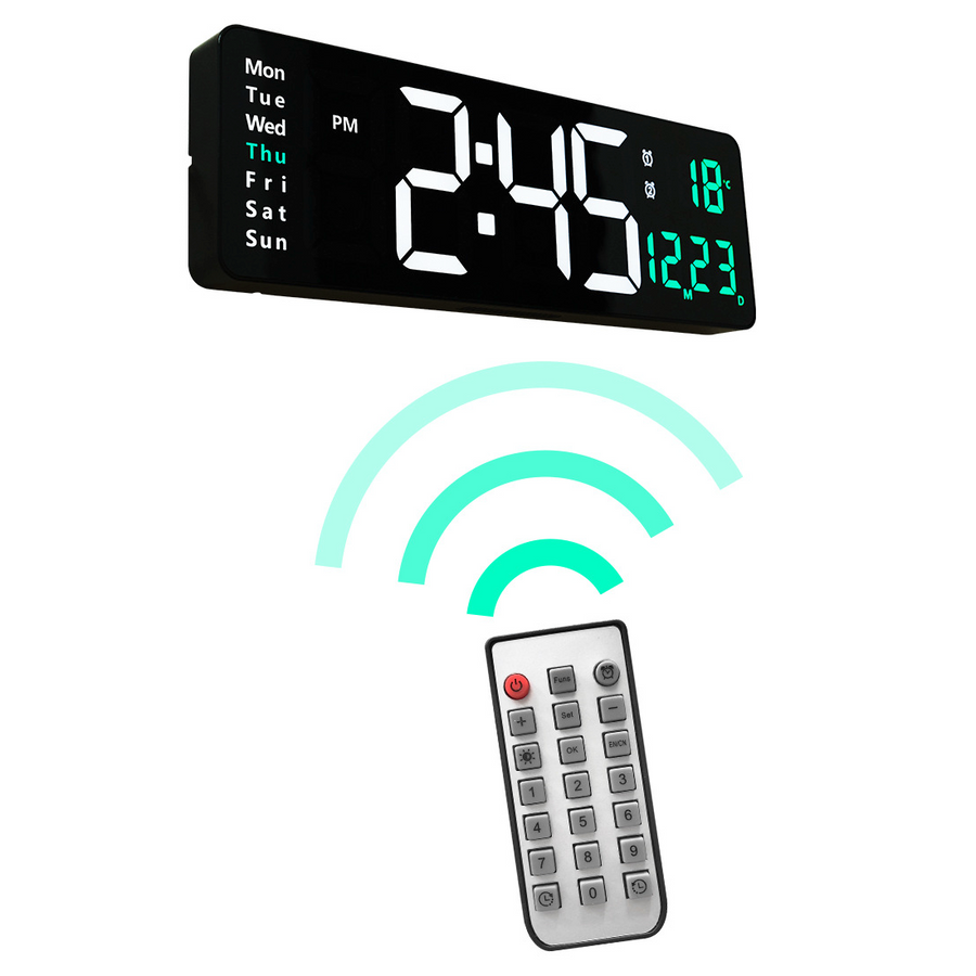 Ceas Digital de Perete cu Afișaj LED Mare 38.7cm – Dată, Temperatură, Alarmă, Ziua Săptămânii, Telecomandă Inclusă