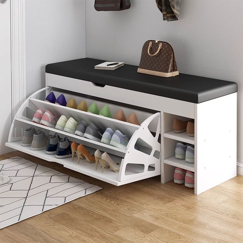 RESIGILAT - Dulap pentru pantofi tip bancheta, 100 x 30 x 51 cm, Alb/Maro/Gri