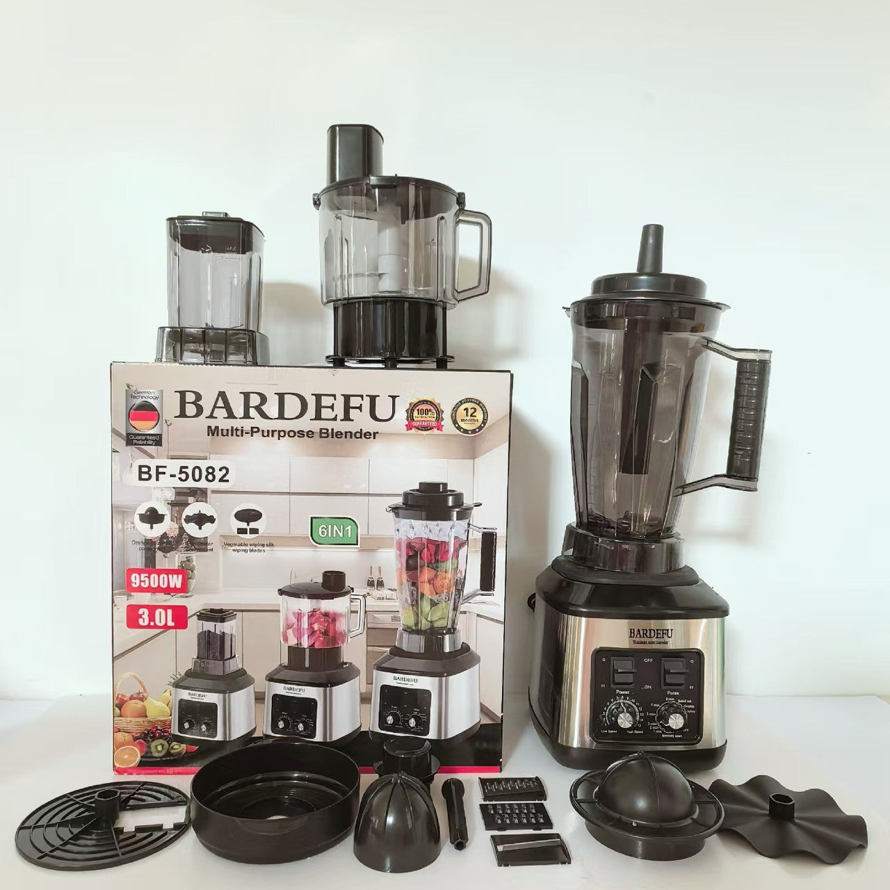 RESIGILAT - Robot de Bucatarie Multifunctional 6-în-1 Mach One BF-5052 – 3 Recipiente, Motor 9500W, 15 Trepte de Viteză, Blender + Tocator + Razatoare