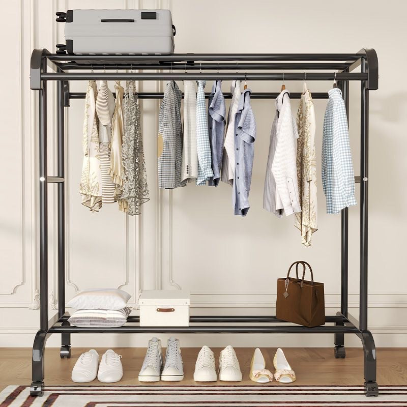 RESIGILAT - Suport dublu de umerase pentru haine, cu 1 suport de pantofi, din metal, cu raft depozitare deasupra – 50KG greutate maxima, 150x120x48cm
