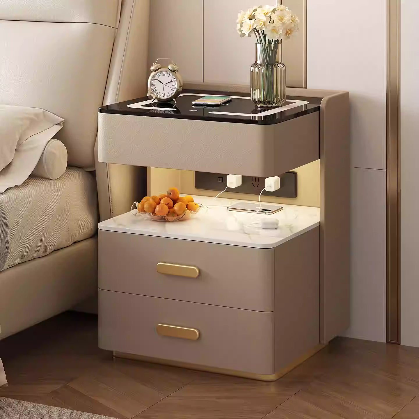 Noptiera inteligenta cu incarcare wireless, lumini LED reglabile, 3 sertare de depozitare, 50x40x56cm