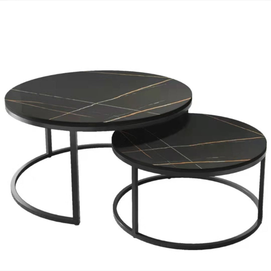 Set 2 masute rotunde de cafea cu efect de marmura, diametru 70/50 cm, blat MDF, cadru metalic