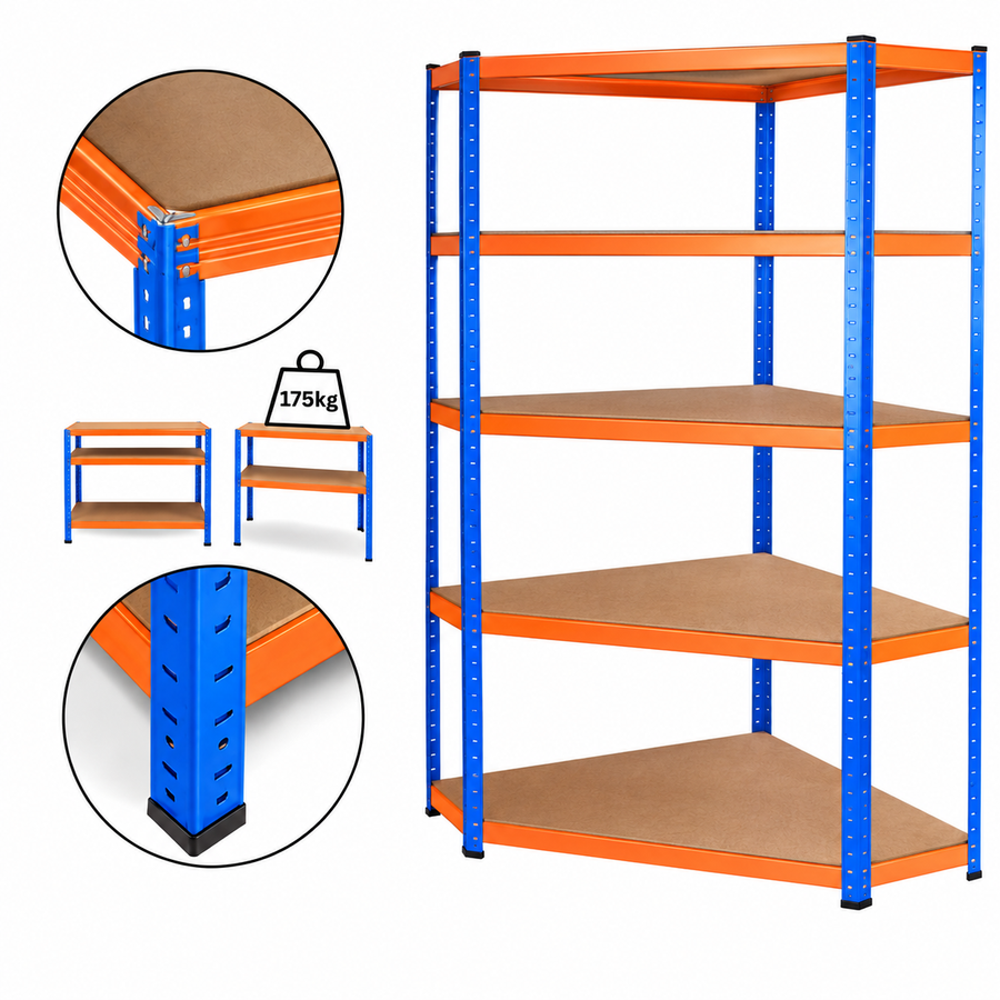 Raft metalic de colt, cu 5 polite, cadru otel galvanizat, polita MDF, 175 Kg/polita, 180x90x40 cm