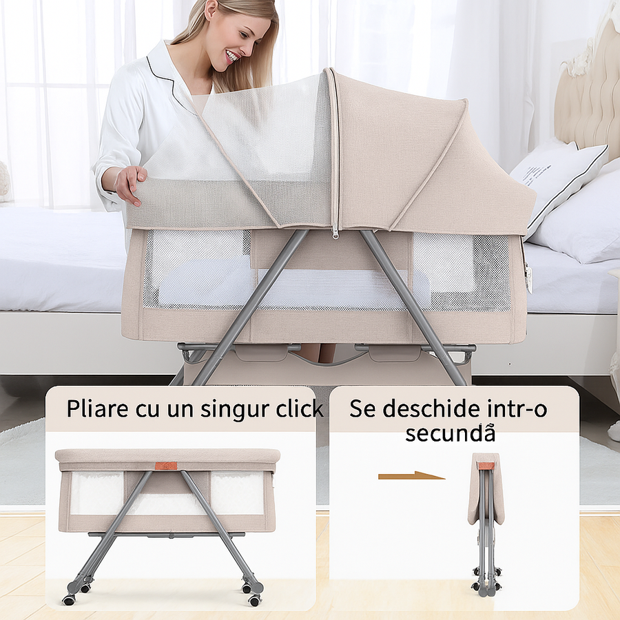 Patut bebelusi multifunctional – Portabil, Pliabil, cu Roti, cu Saltea, Nou-Nascuti