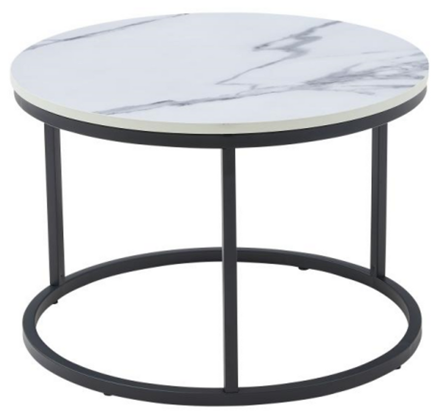 Masuta de cafea rotunda, aspect marmura, blat MDF, cadru metalic, 60x40cm