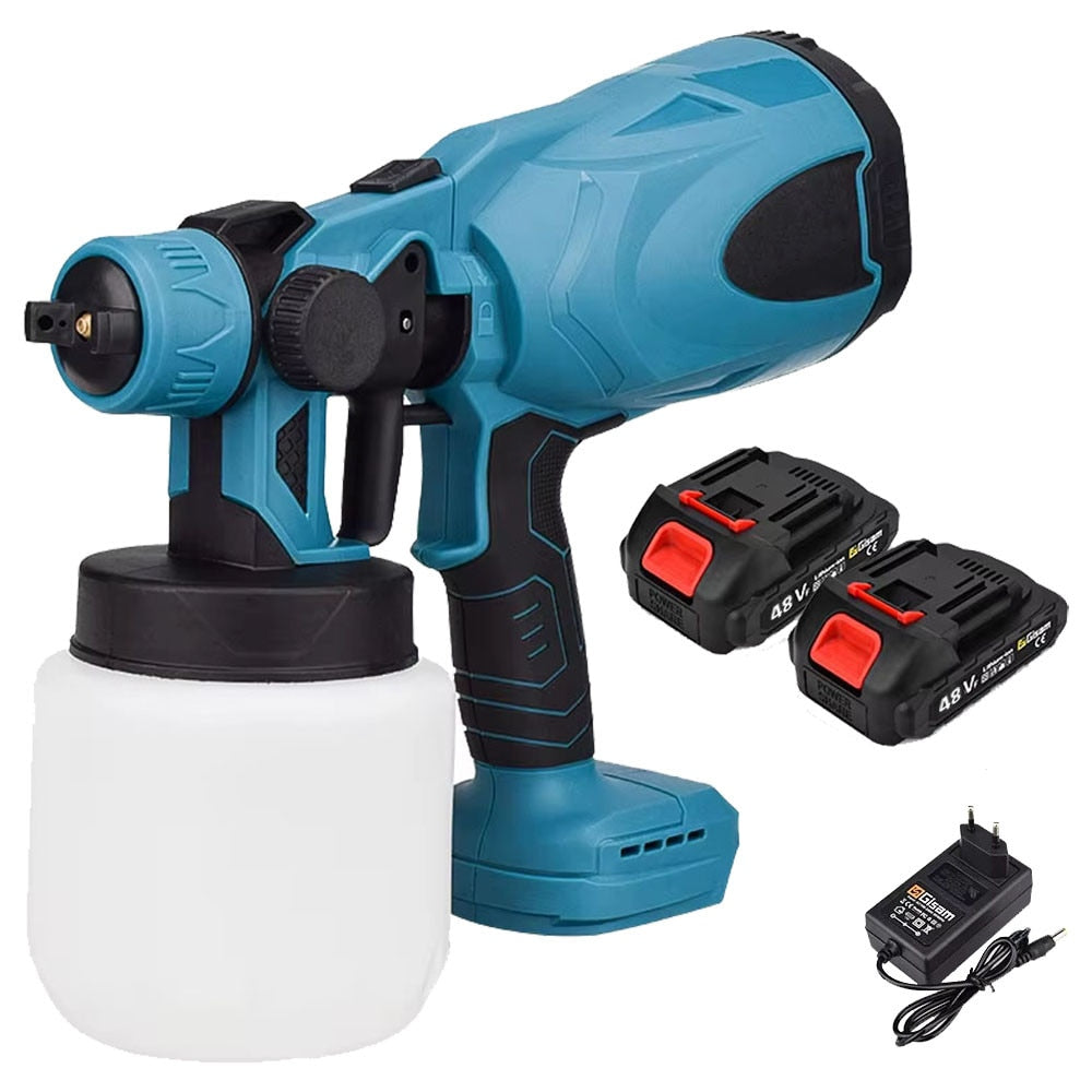 Pistol Electric de vopsea cu 2 acumulatori de 48v, 1000ml - 3 moduri de pulverizare, ideal pentru tavane, pereti si garduri, albastru