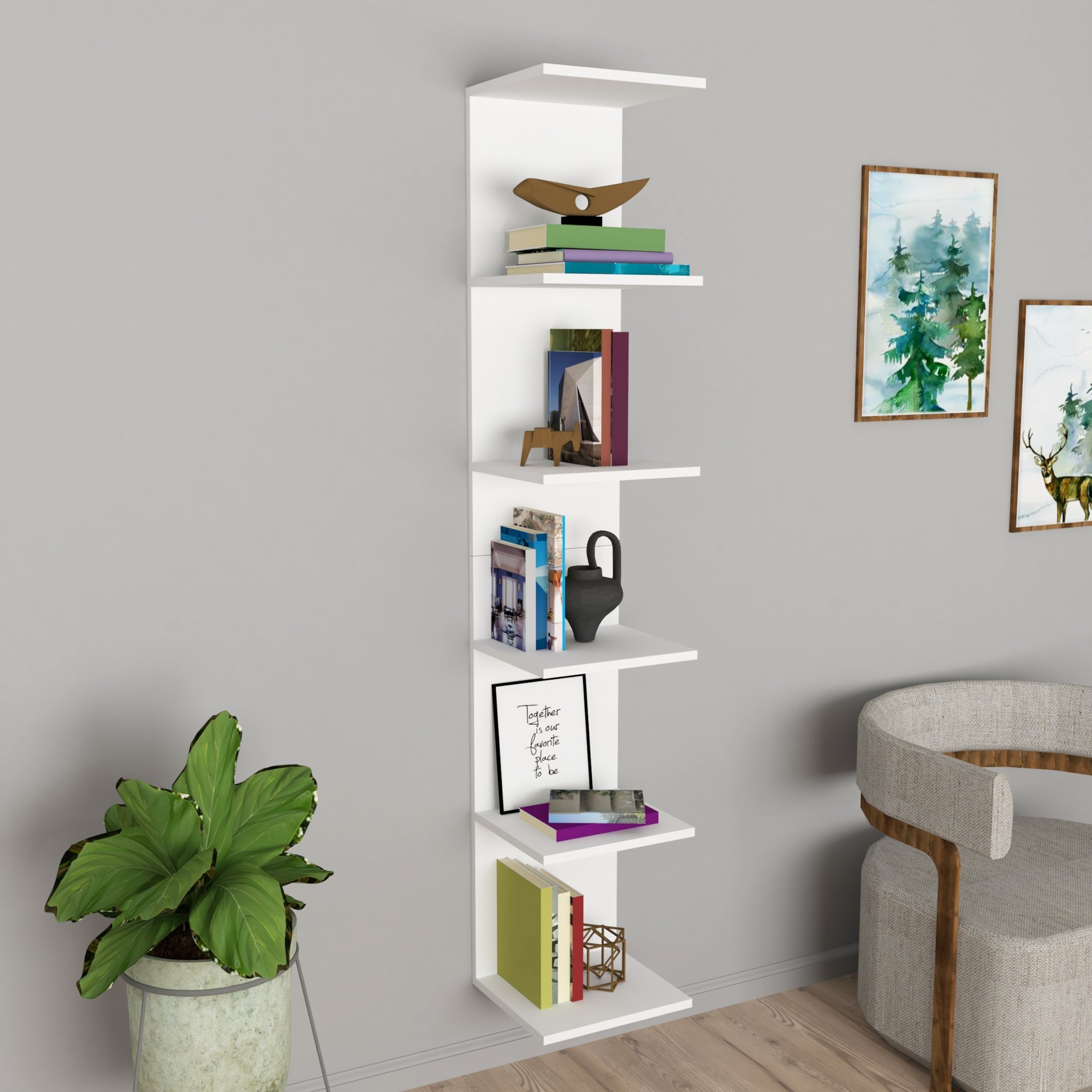 Bibliotecă de perete, 5 rafturi, design modern și compact, 180x34.6x31.5 cm