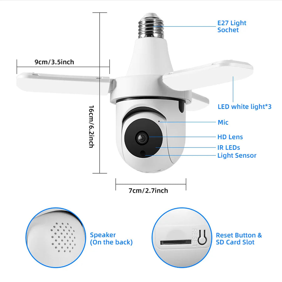 Camera de supraveghere tip bec E27, 4MP HD, WiFi/4G, PTZ 360, audio bidirectional, night vision