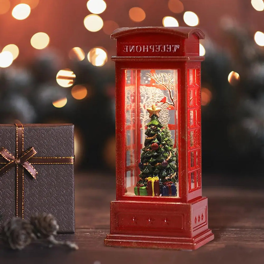 Decoratiune De Craciun Tip Cabina Telefonica cu Mos Craciun Si Brad, Cadouri, Functie Muzicala, Lumini Si Ninsoare Automata, Cu Apa, Lumina Calda, Usb sau Baterii, Led