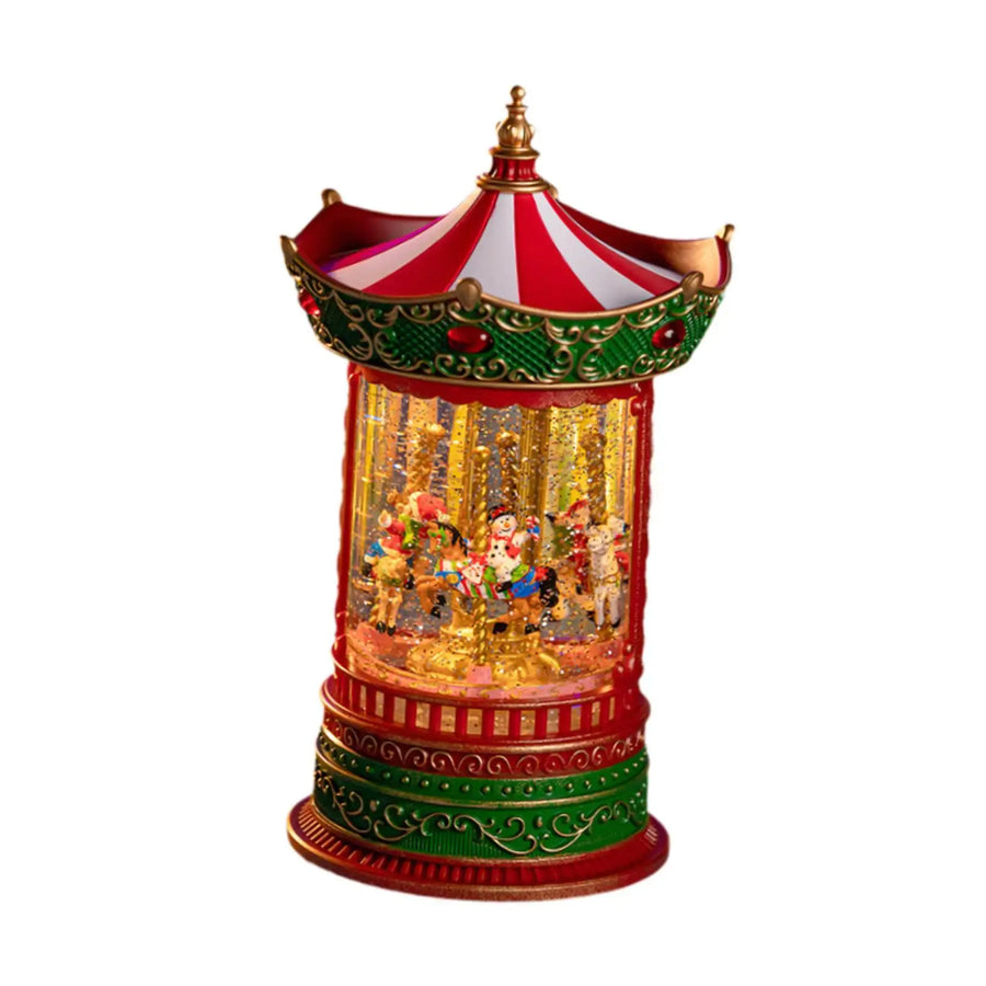 Glob de zapada muzical cu carusel de Craciun, premium,cu lumini LED, efect de ninsoare si figurine Mos Craciun si Om de Zapada
