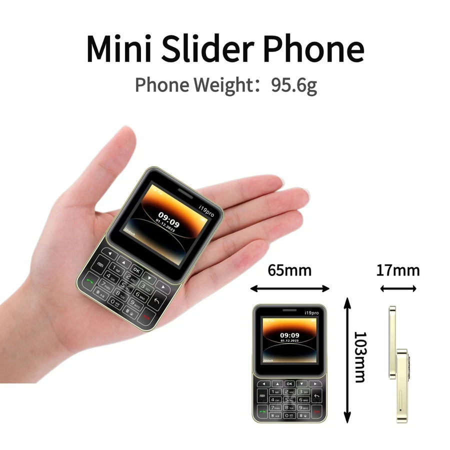 Telefon Mini i19 Pro Slide Button – 2.4", Dual SIM, 2G GSM, camera, FM, Bluetooth, butoane, deblocat