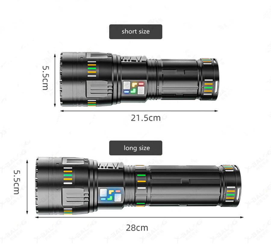 Lanterna profesionala cu led laser, 5km raza actiune, 30000 lumeni, 6 moduri luminare, 90W, incarcare USB-C, baterii incluse