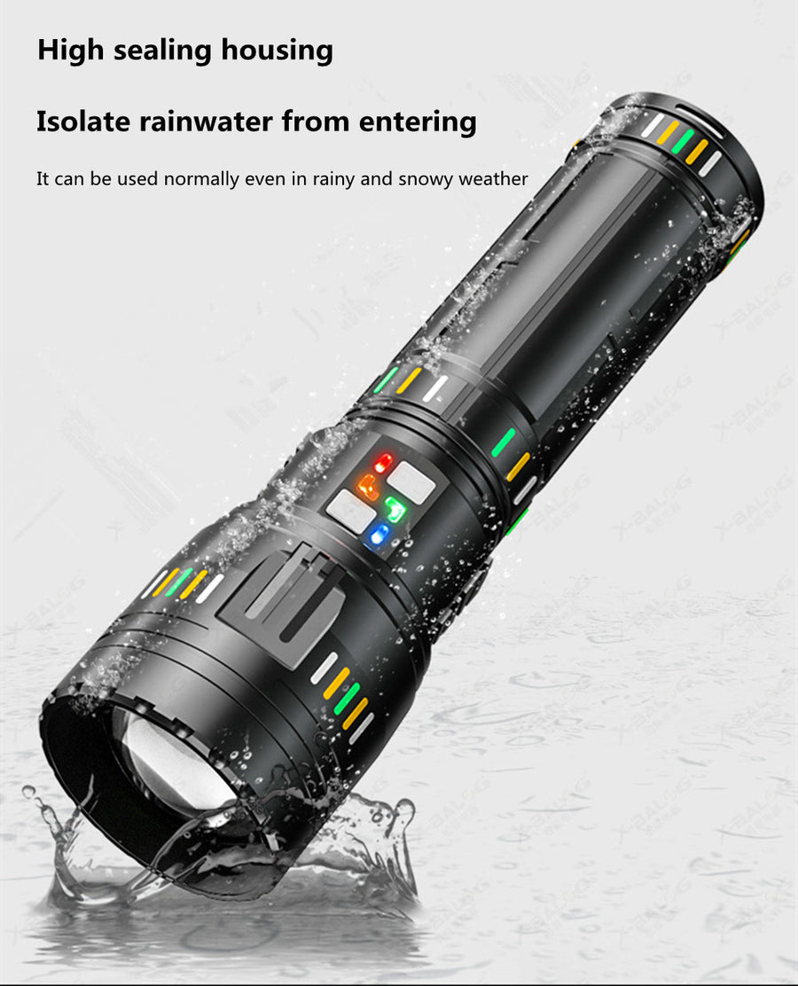 Lanterna profesionala cu led laser, 5km raza actiune, 30000 lumeni, 6 moduri luminare, 90W, incarcare USB-C, baterii incluse