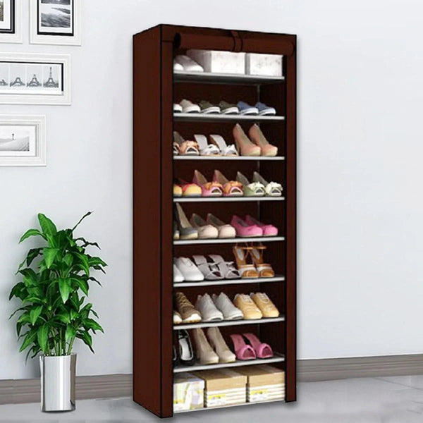Suport pantofi 27 perechi 9 rafturi, cadru otel, invelis textil, 160x61.5x31.5, inchidere cu fermoar, maro