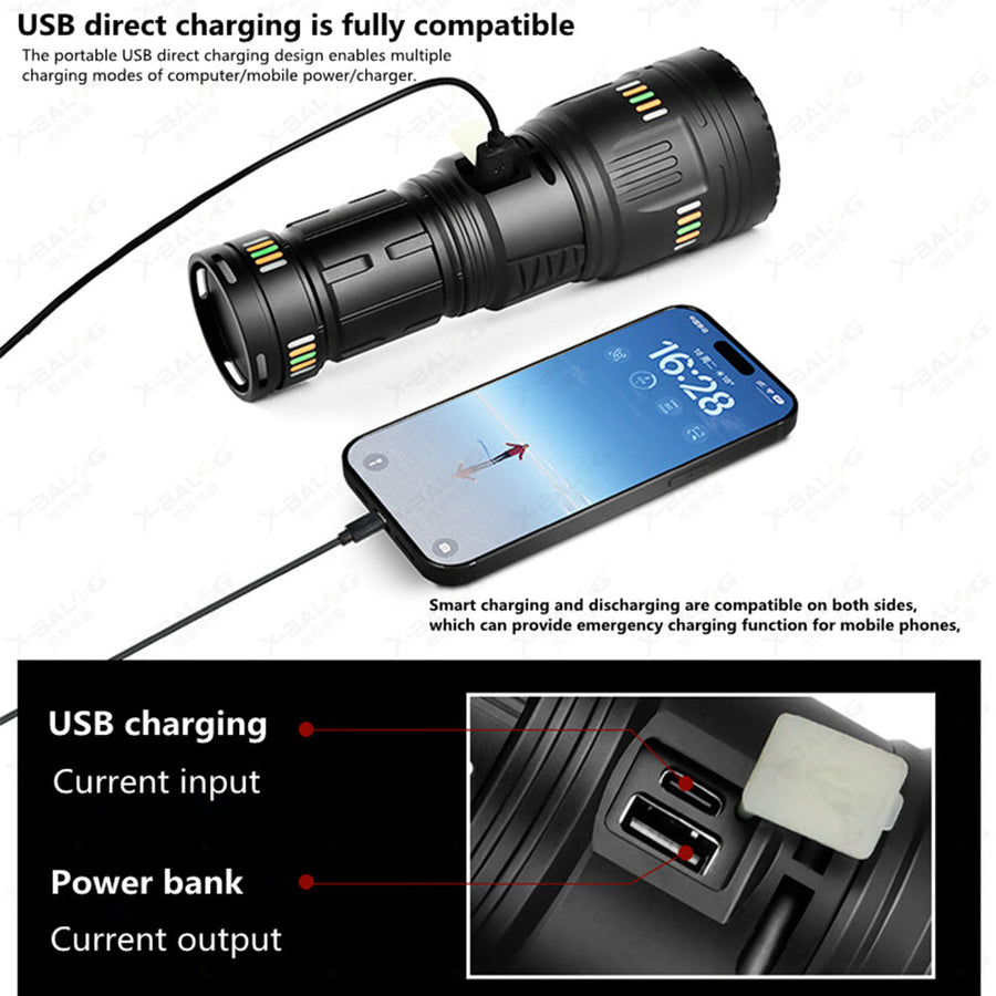 Lanterna profesionala cu led laser, 5km raza actiune, 30000 lumeni, 6 moduri luminare, 90W, incarcare USB-C, baterii incluse