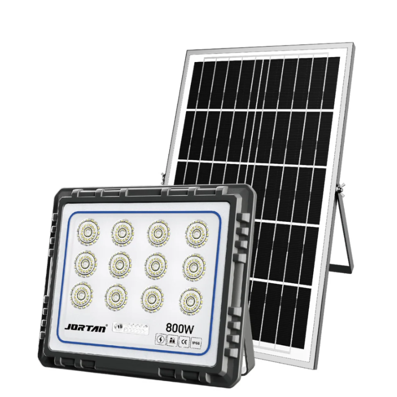 Proiector solar LED Jortan 600/800/1000W cu panou solar, telecomanda, IP66, iluminare exterior