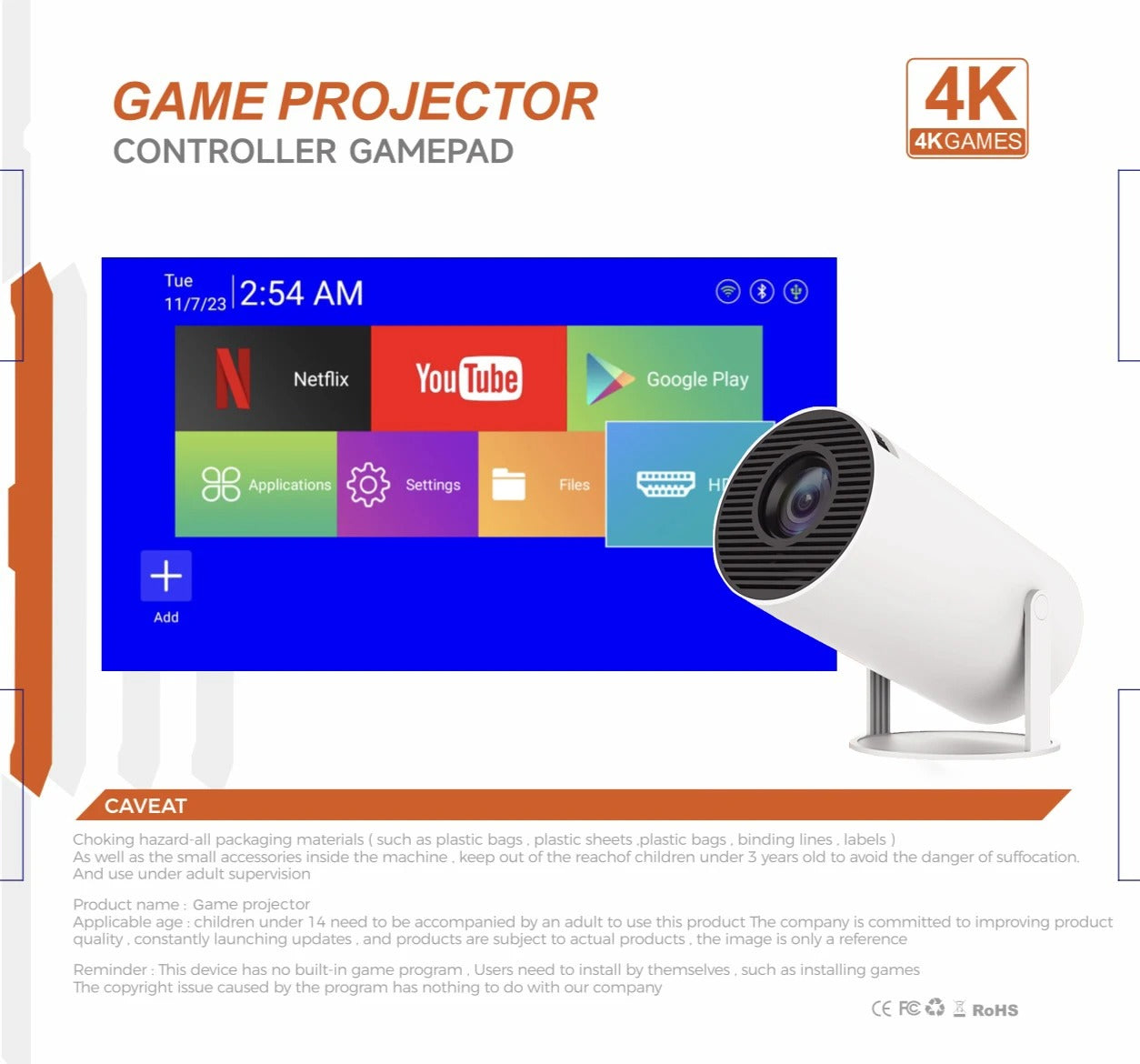 Mini videoproiector smart Magcubic HY300 Pro+ 4K, Android 11, WiFi 6, BT 5.4, Gamepad inclus