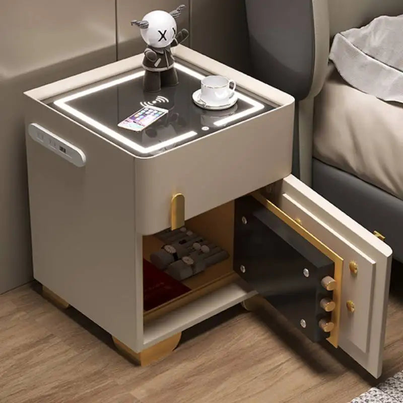 Noptiera cu statie de incarcare, seif ascuns si iluminare LED reglabila 3 culori pentru dormitor si living