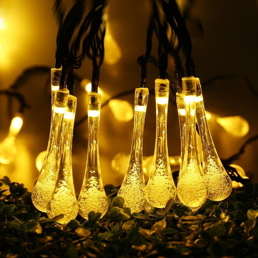 Instalatie LED solara, globuri picatura cristal, 10m, 30 LED, lumina galbena