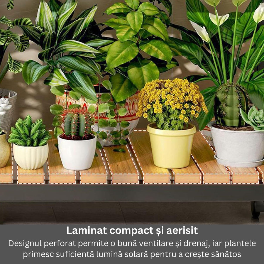 Etajeră plante cu 4 rafturi bambus și roți, cadru metalic – Negru, pentru interior/exterior, 145x48x10