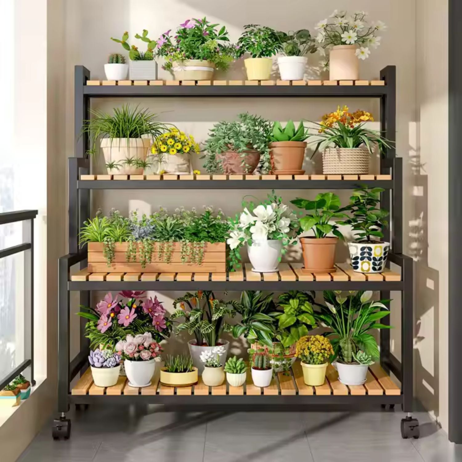 Etajeră plante cu 4 rafturi bambus și roți, cadru metalic – Negru, pentru interior/exterior, 145x48x10