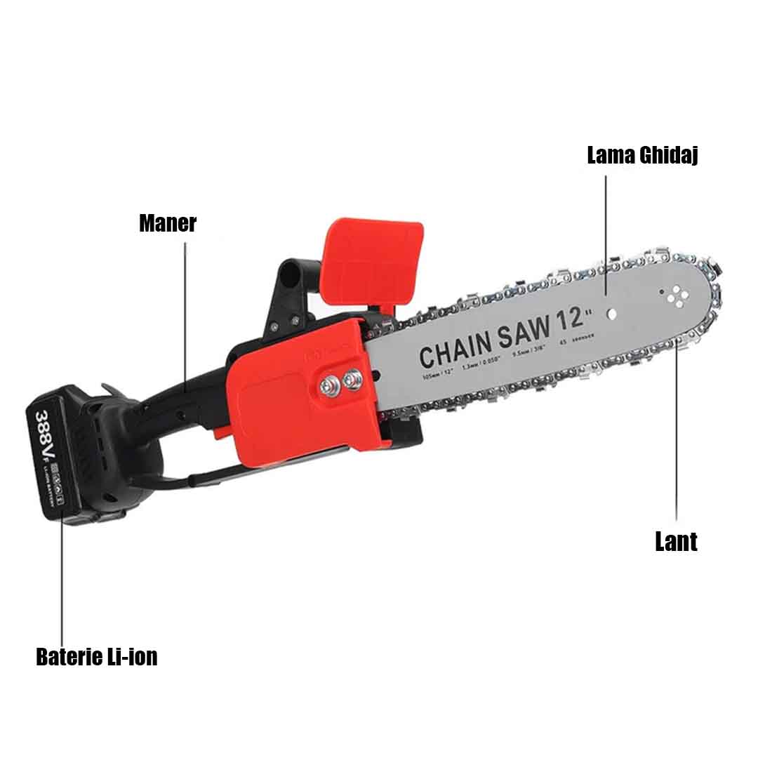 Drujba electrica cu lant 12 inch, cu 2 Acumulatori, 48V, Lithium, 4800rpm, 305mm