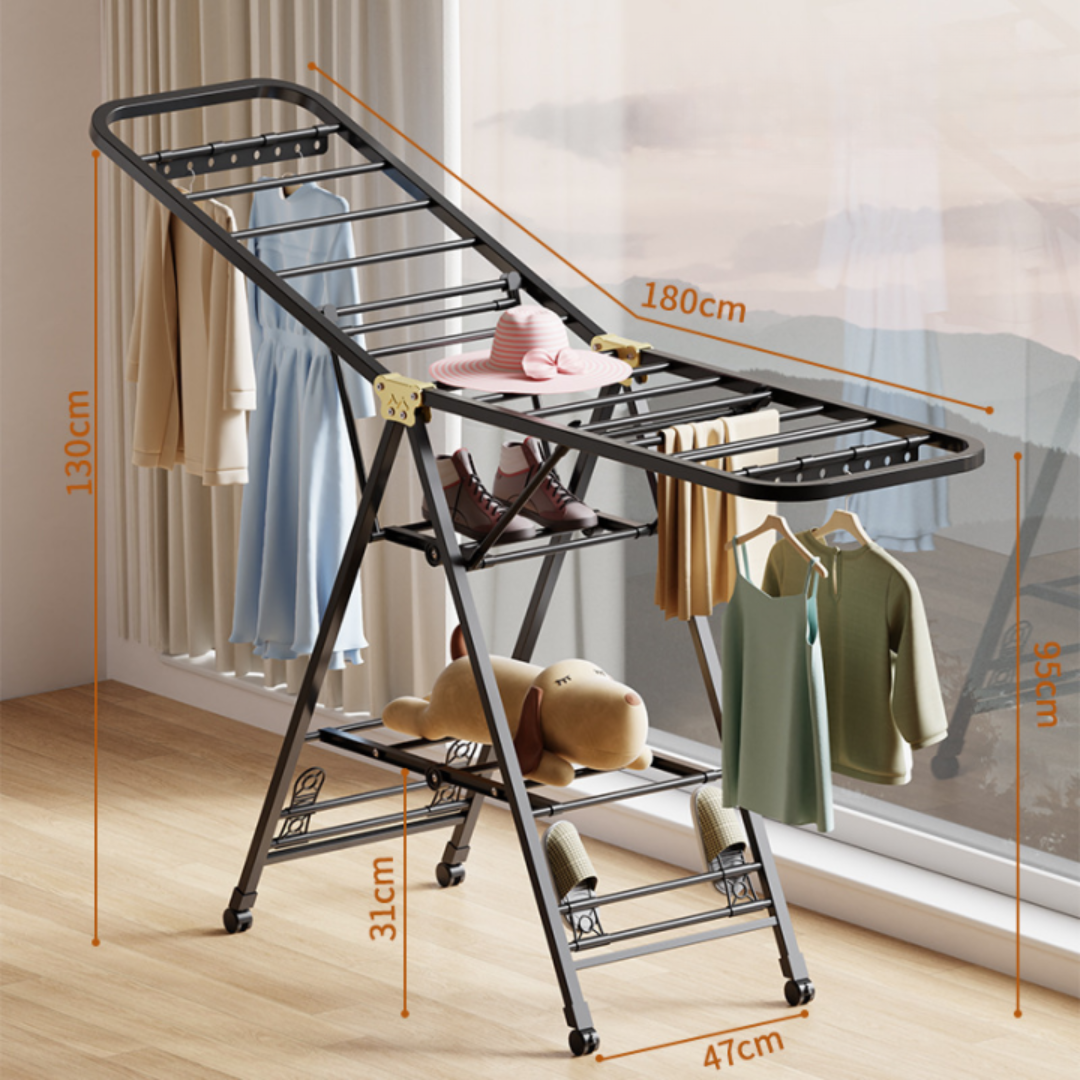 Uscator rufe metalic 180x130 cm, pliabil, cu roti, suport incaltaminte si aripi laterale, alb/negru