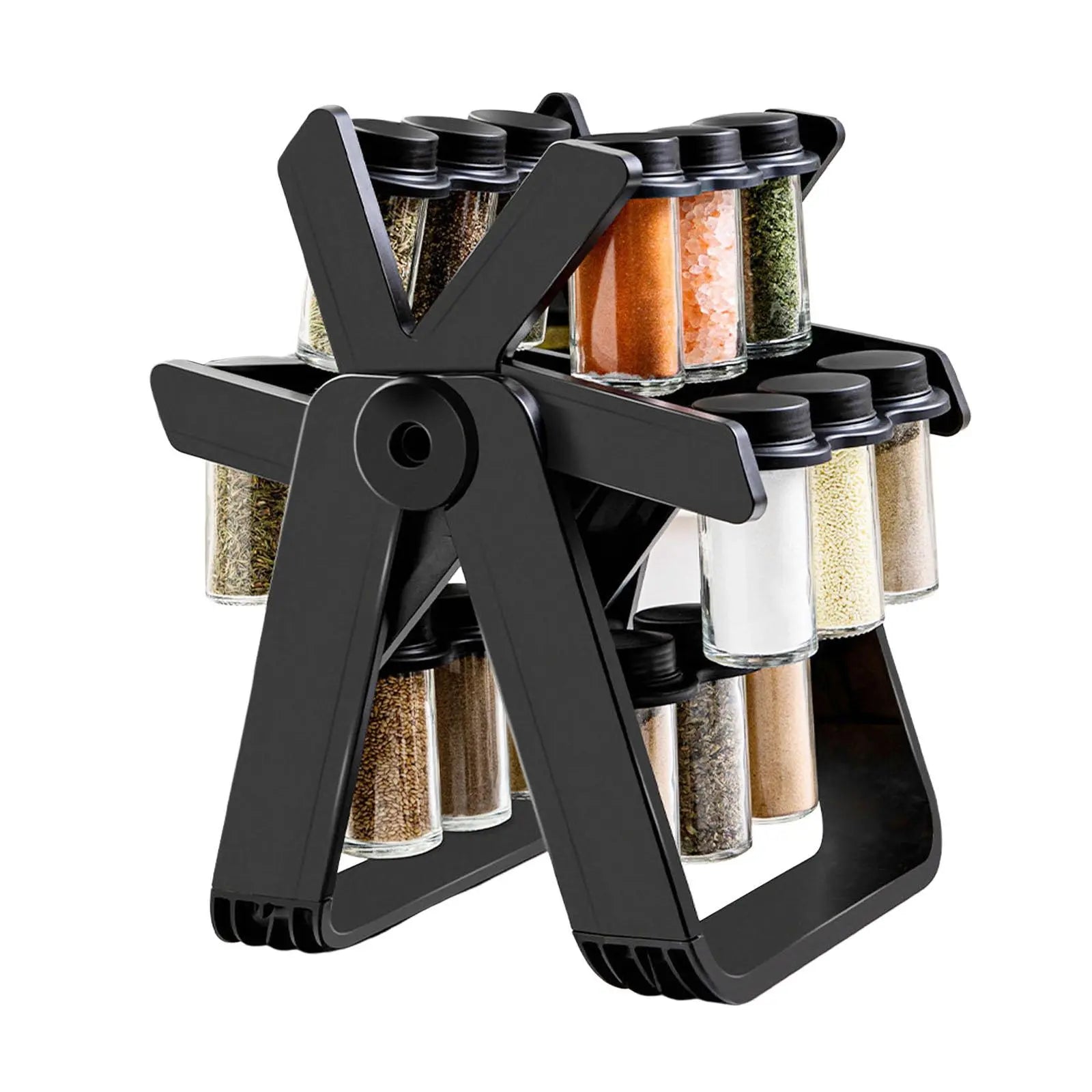 Set 18 recipiente condimente cu suport rotativ, 34x23 cm, pivotant 360°,  negru