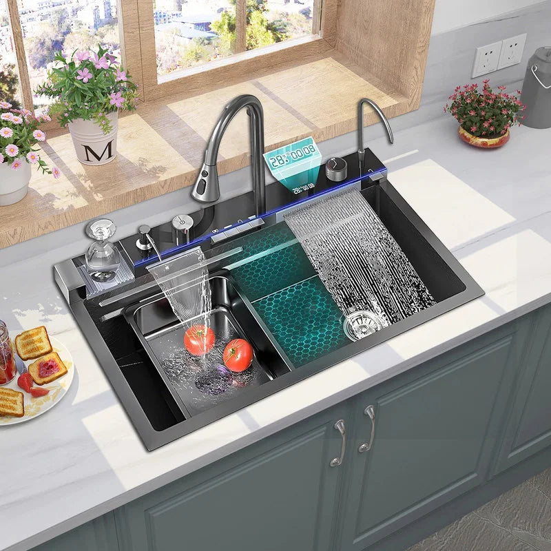 Chiuveta Bucatarie Multifunctionala Negru Grafit cu 2 Cascade, Robinet Cascada, Afisaj Digital Temperatura, Accesorii Incluse
