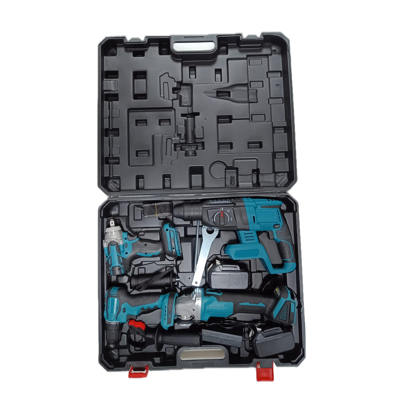 Trusa 4 piese cu acumulator, autofiletanta, rotopercutor, polizor unghiular, bormasina impact, 20V, 4Ah