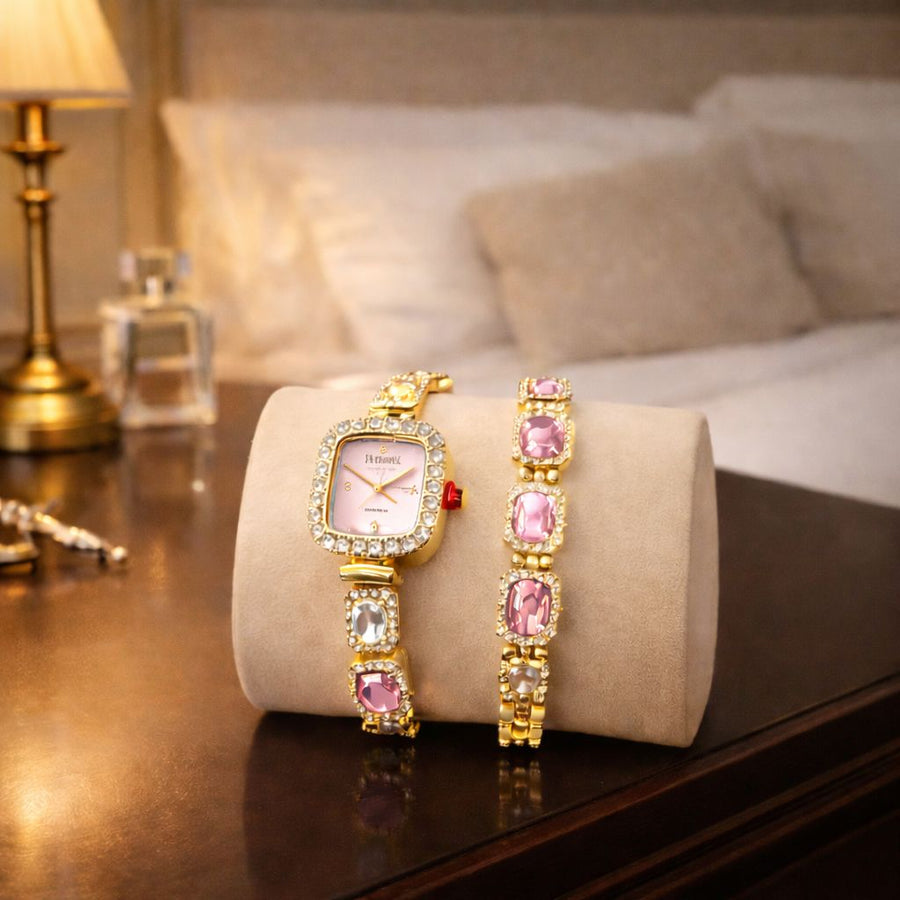 Set Ceas si Bratara Dama, Auriu cu Pietre Decorative