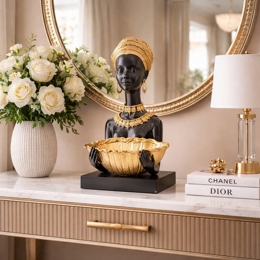 Statueta decorativa femeie africana cu bol auriu 22.5 x 11.3 x 27.5 cm