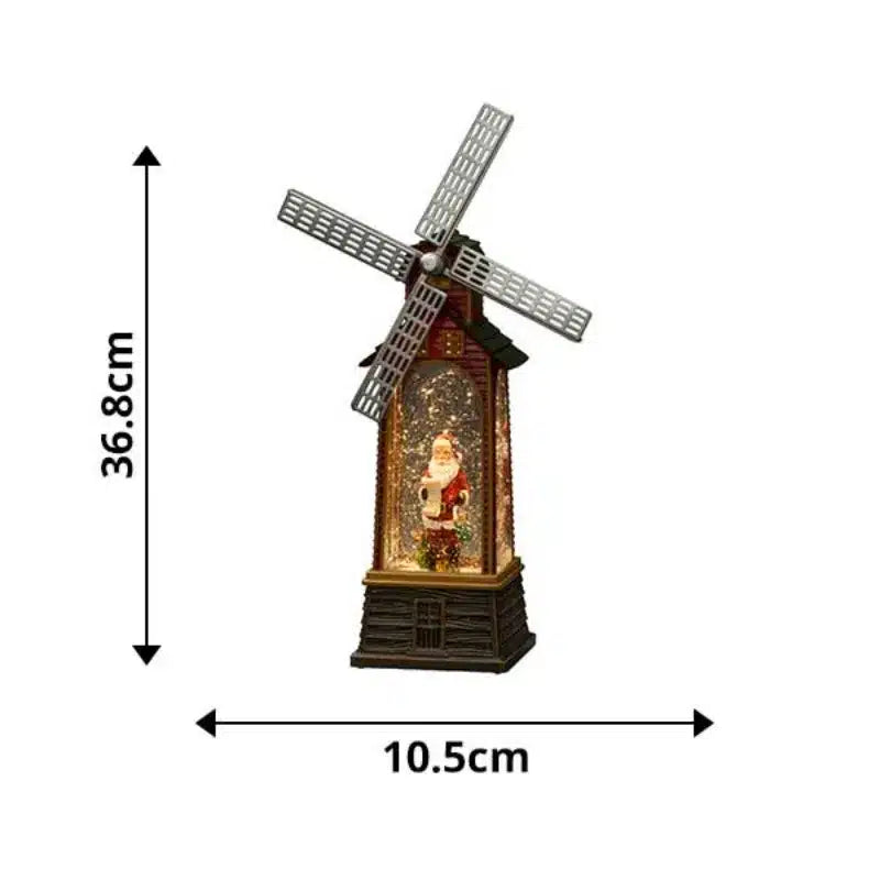 Decoratiune Craciun, Figurina Moara de Vant cu Mos Craciun, functie muzicala, zapada in miscare, cu baterii, Negru/Auriu, 3 Modele