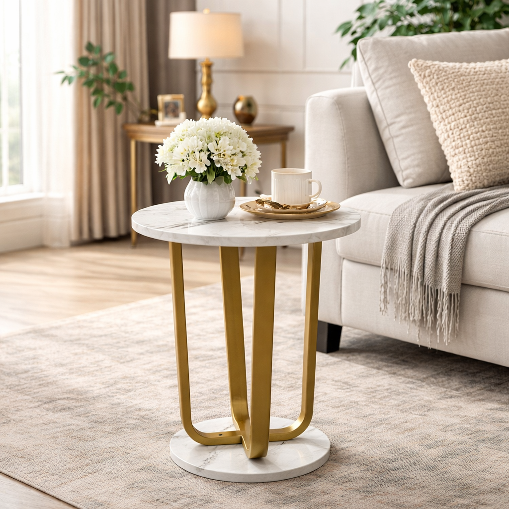 Masuta rotunda, blat efect marmura, cadru metalic auriu, design modern, 40x55 cm