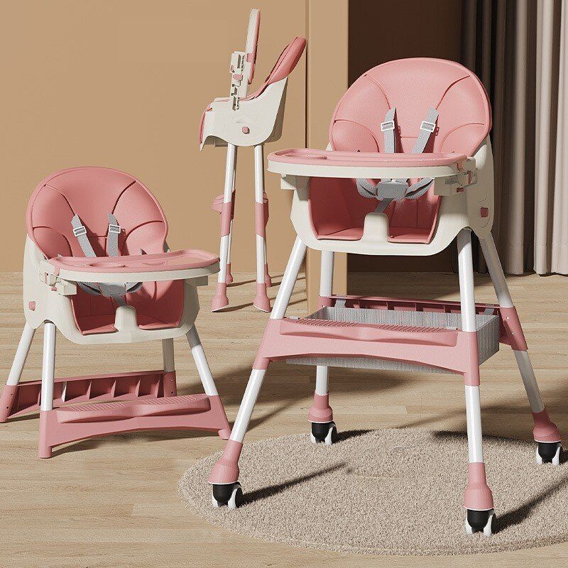 Scaun de Masa pentru Bebelusi si Copii cu Roti, Telescopic, Pliabil, Masuta Reglabila, Suport Picioare, Scaun cu Invelis Piele Artificiala, Centura Siguranta, Spatiu Depozitare, 97x73x65 cm