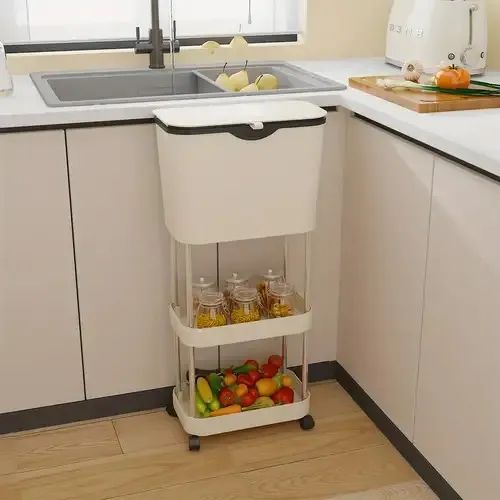 Carucior depozitare cu cos gunoi si 3 niveluri cu roti 360° , 78.5 x 24 x 17 cm