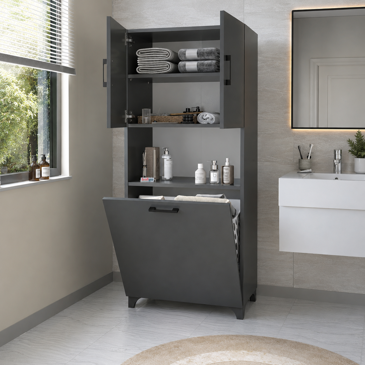 Dulap multifunctional pentru baie sau bucatarie, cu spatiu pentru cos de rufe, 60 x 33,8 x 153,6 cm