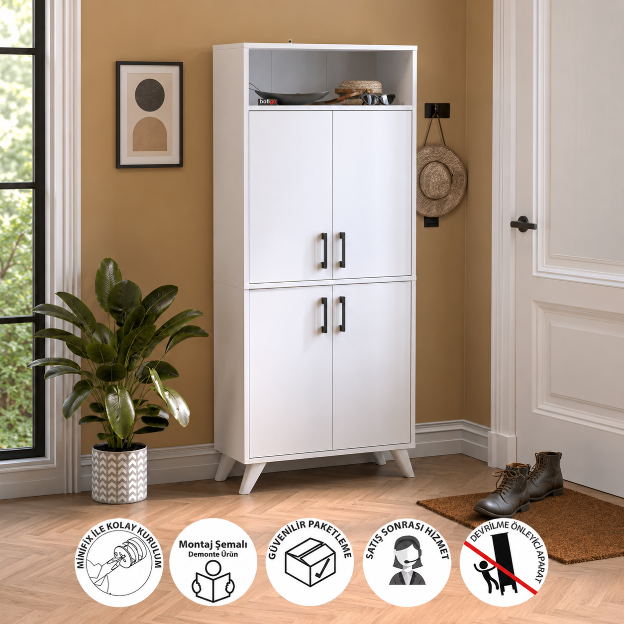 RESIGILAT - Pantofar modern 72x32x170 cm, cu 4 usi si 9 rafturi, pentru hol, intrare sau depozitare incaltaminte