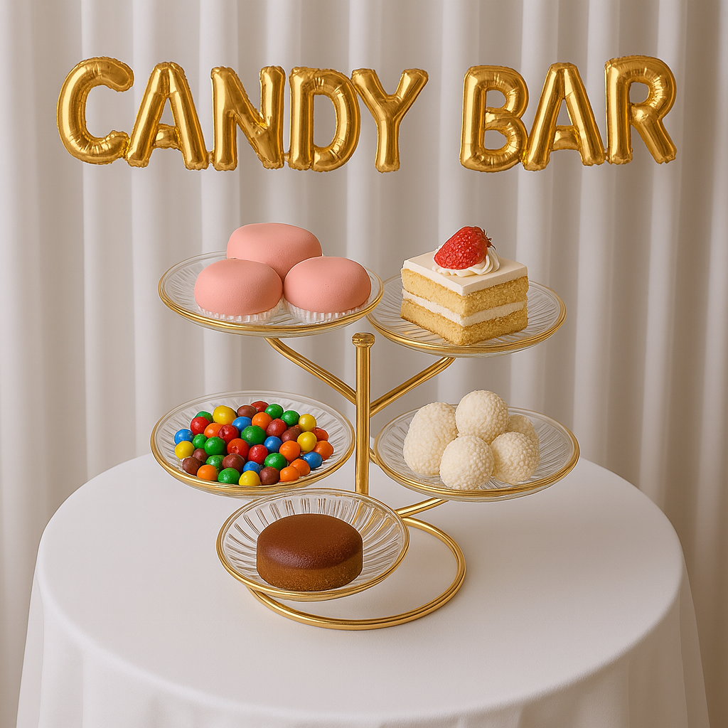 Etajera Eleganta din Sticla cu 5 Tavi pe Suport Auriu – Perfecta pentru Candy Bar, Petreceri sau Evenimente