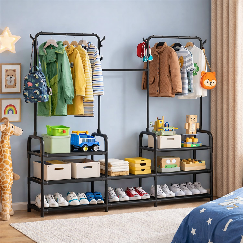 Suport haine metalic  cu rafturi depozitare si carlige laterale Negru 164x137x26 cm