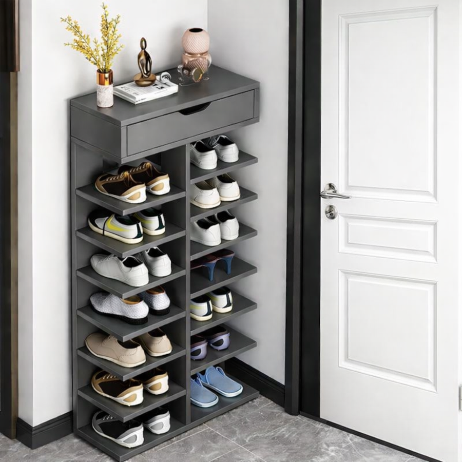 Pantofar cu 7 Etaje si Sertar Superior din PAL Gri/Stejar 40 x 22 x 111 cm