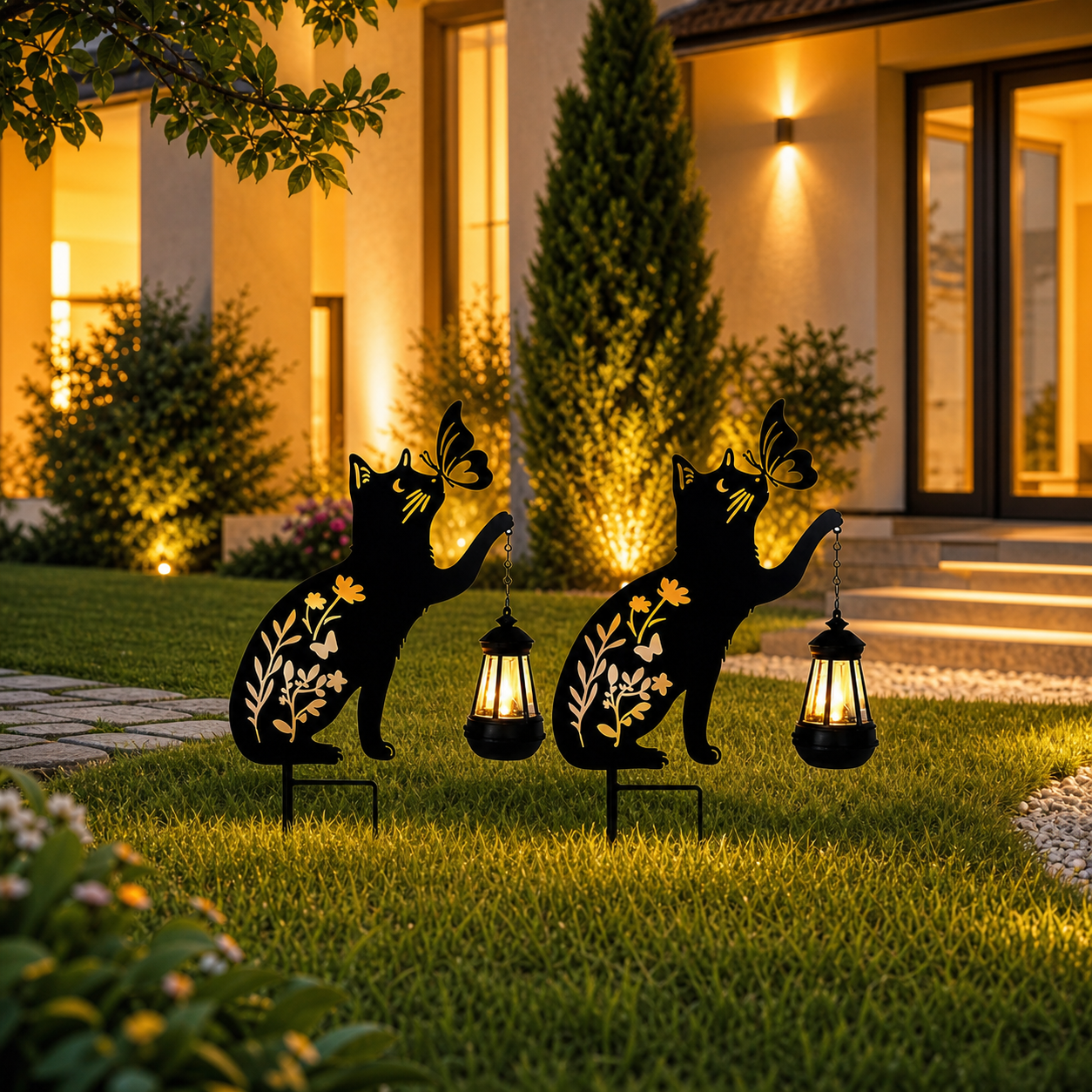 Set 2 Decoratiuni Solare de Gradina Pisica Neagra cu Felinar LED Fluture Metal - imagine principala