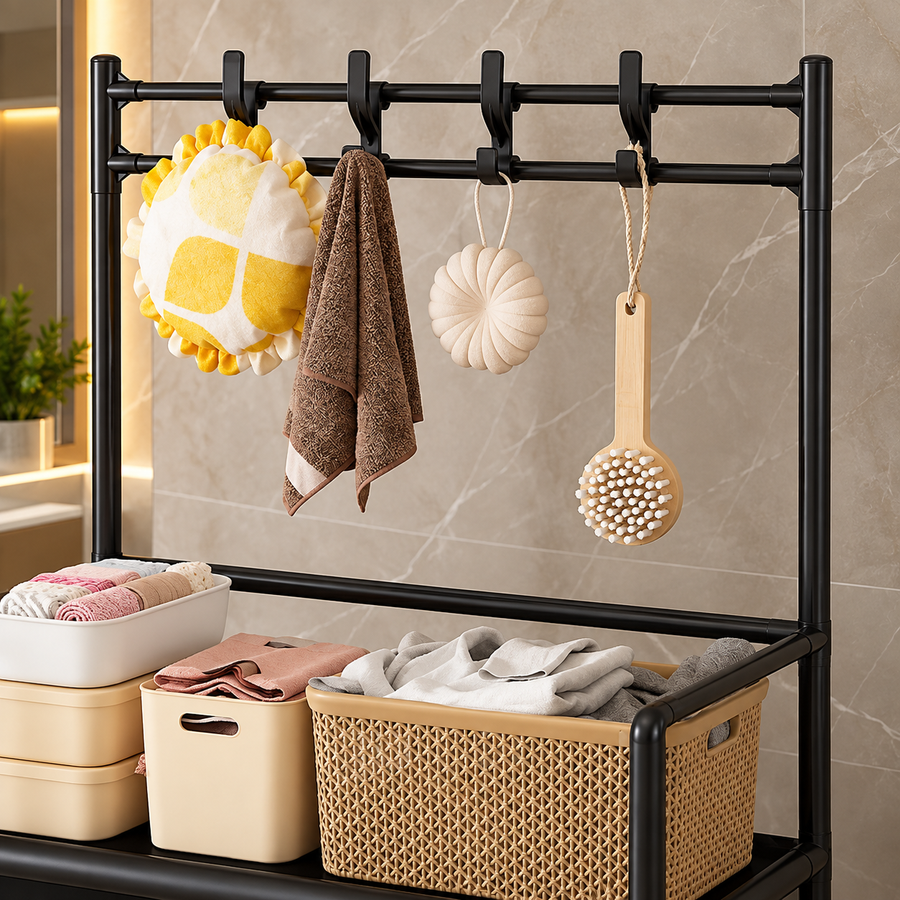 Raft Mobil pentru Baie cu Roti 186x36x57cm Compartimente Sortare Sac Textil Rufe - detaliu produs
